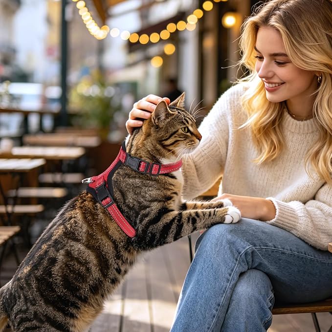 Cat Harness and Leash Set for Walking,Adjustable Escape Proof Kitten Harness and Leash with Reflective Strips,Easy to Wear Soft Breathable Harness for Cats Puppy Bunny Dogs Red