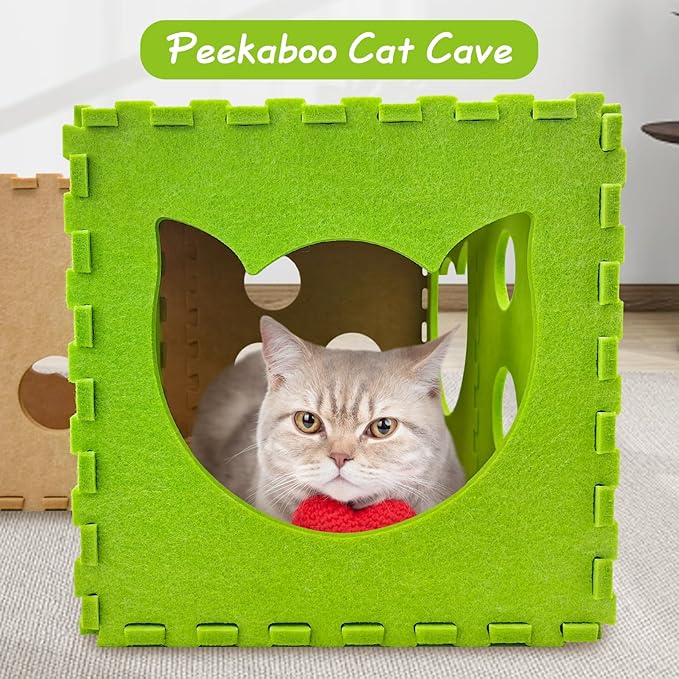Felt Cat Tunnel 14 Pcs Foldable Cat Hideaway Cave with Interactive Peek Hole DIY Cats House Kitten Play Tubes and Tunnels for Indoor Cats Up to 12lb
