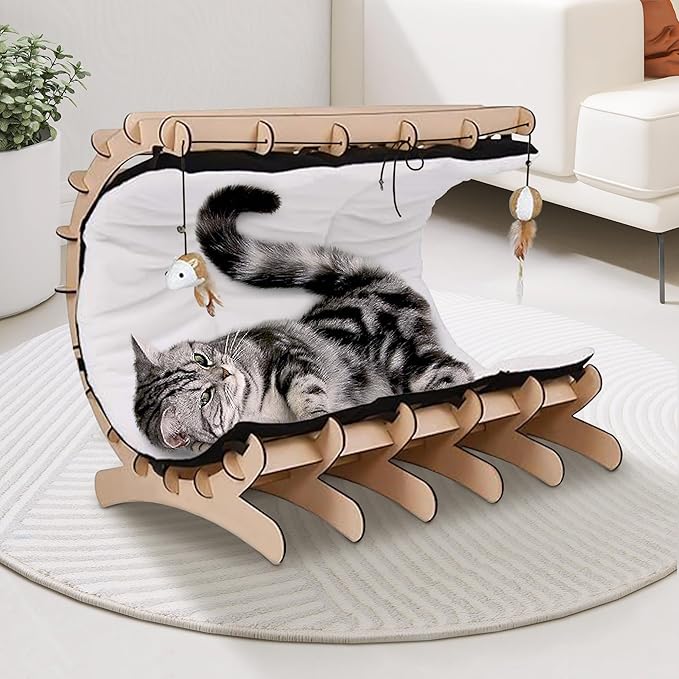 Upgraded Wooden Cat Bed with Plush Cushion – Semi-Cylinder Raised Cat Hammock Bed for Indoor Cats, Washable Pet Bed Support for Kittens, Large & Small Cats – Durable Cat Furniture & Cozy Cat Beds