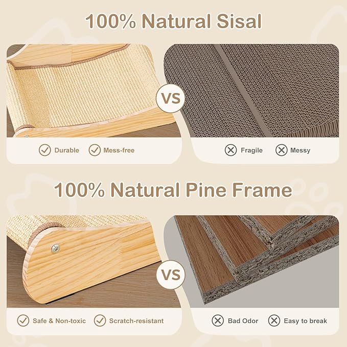 3 in 1 Cat Scratcher Bed, 100% Sisal Comfy Chaise Lounge for Cats to Rest & Scratch & Play, Protects Furniture, Durable Cat Scratching Board to Relieve Stress - Wood Color