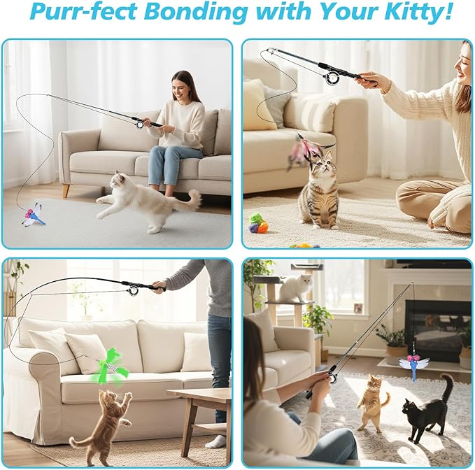 Pawaboo Interactive Cat Toy, Retractable Cat Fishing Rod with 3 Replacement Fishing Lures Made of Feathers and Bells, Adjustable Line Length, Feather Teaser for Cats, Kittens, Fun, Blue