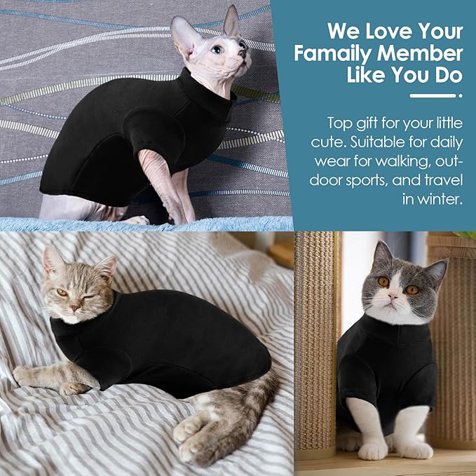 Turtleneck Sweater for Cat, Sphynx Cats Shirt Hairless Cat Sweaters with Sleeves, Warm and Soft Kitten Pullover Fleece Winter Pajamas Jumpsuit for Puppy Cats, Black M