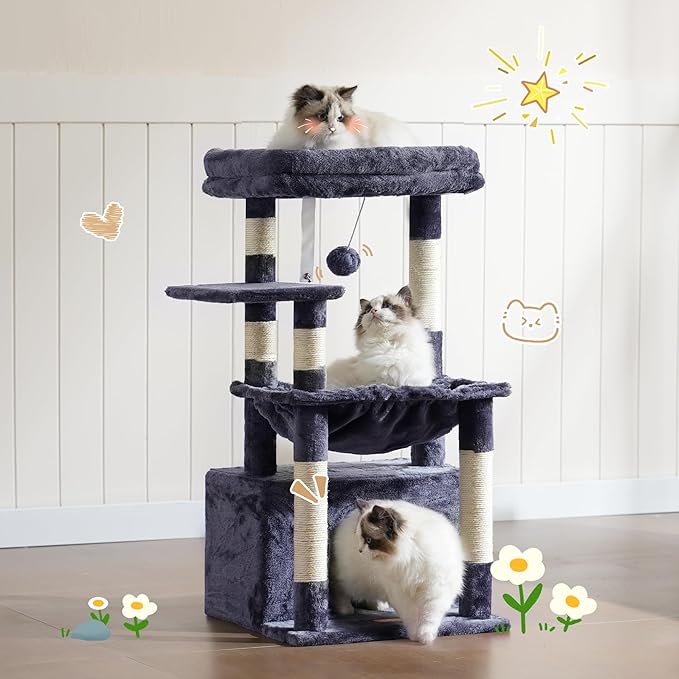 Heybly Cat Tree, Kitten Tower with Large Soft Cat Basket,Cat Condo with Spacious Cat Bed Cave with Hidden Space,Sisal-Covered Scratching Posts,Dangling Ball for Indoor Cats, Smoky Gray HCT008SG