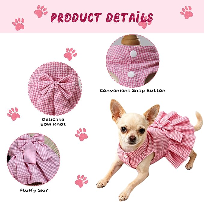 Classic Plaid Dog Dress with Bow Tie for Small Dogs Cats Girls, Cute Puppy Dresses Clothes with Bowknot Chihuahua French Bulldog Pet Apparel Outfits (Strawberry Pink, XX-Small)