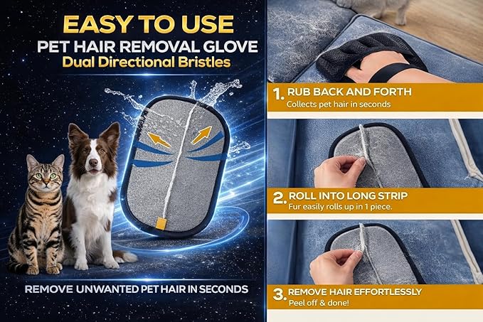 Pet Hair Remover Glove for Dogs & Cats – Reusable Electrostatic Fur Remover for Couch, Carpet, Car & Clothes, No Sticky Lint Roller Alternative, Easy to Use