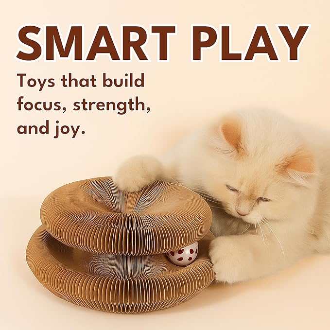 Kitty Cat Scratcher with Bell Ball & Catnip - Magic Organ Cat Scratch Board - Shape Shifting Accordion Cardboard Scratch Board Toy for Indoor Cats (Cat Scratcher Board)