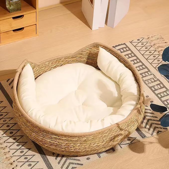 Cat Bed, 13.78x13.78x5.12 inches Cat Woven Nest Bed with Soft Cushion and Pillow - All Season Weaving Pet Sleeping Resting Scratching Furniture for Puppy Dog Kitten