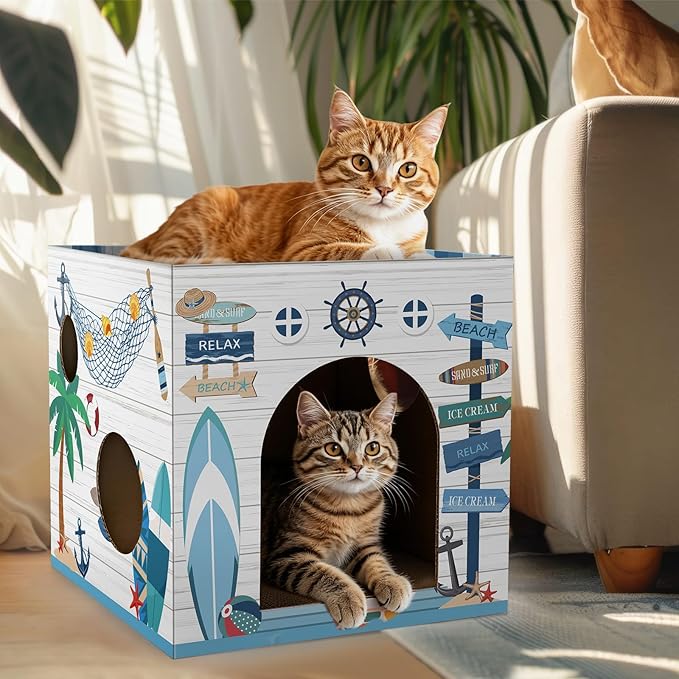 Cinrobiye Cardboard Cat House with 2 Pcs Scratching Pad,Pet Hideaway Cave Board Bed Playhouse Condo Box Decor Small Animals Scratcher Bed for Indoor Cats Kittens Rabbits Bunny
