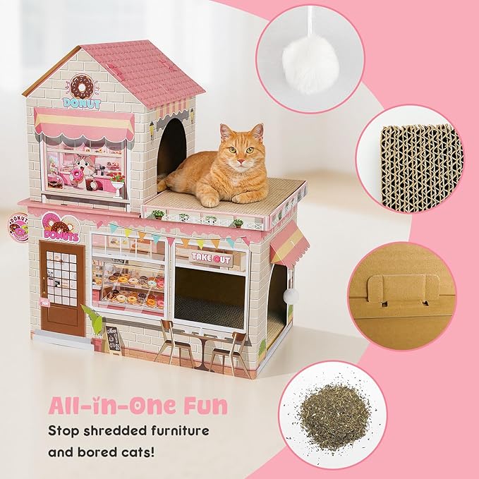 Cardboard Cat Houses for Indoor Cats - Kitten Scratcher Houses & Condos, Donuts Themed Hut Hideout Play House Bed with Scratching Pads, Scratch Box for Large Kitty Rabbit Bunny Small Animals
