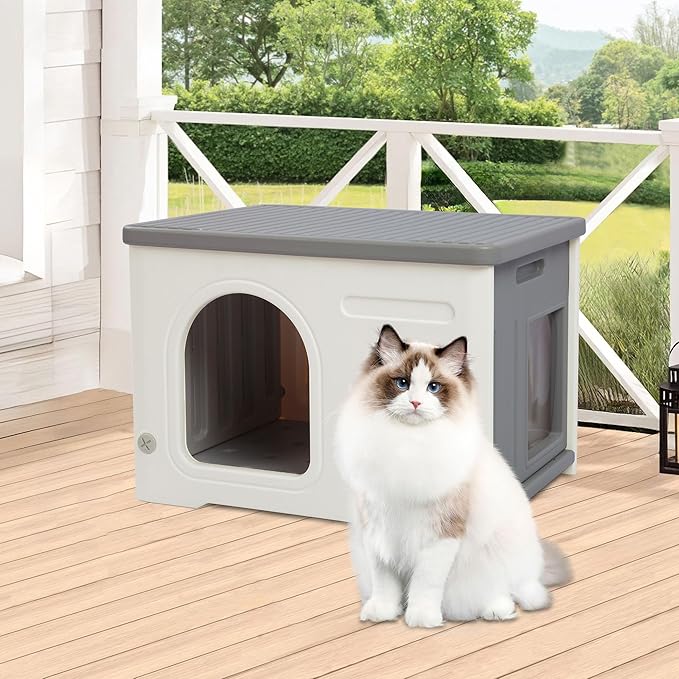 Plastic Cat House for Outdoor Indoor, Waterproof Outdoor Cat House with Escape Door for Feral Cats Outside Cat Shelter for Small Pet, Spacious, Assemble Easily -Grey Basic Style