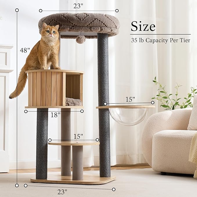 797Audio Wood Modern Cat Tree, 48" Cat Tower with Sisal Scratching Posts, Cat Condo, Capsule and Bed, Solid Wooden Aesthetic Multi-Level Cat Climbing Tree for Large Adult Indoor Maine Coon Cats-Gray