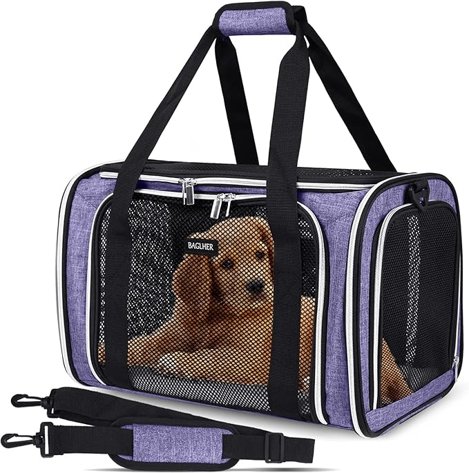 BAGLHER Pet Travel Carrier, Cat Carriers Dog Carrier for Small Medium Cats Dogs Puppies, Airline Approved Small Dog Carrier Soft Sided, Collapsible Puppy Carrier, Purple