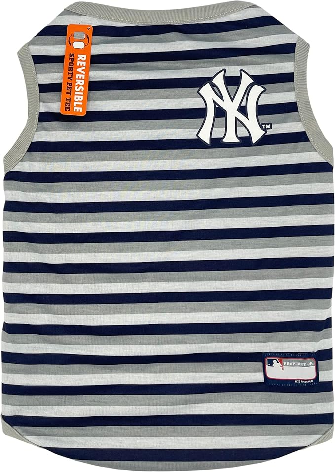Pets First MLB New York Yankees Reversible T-Shirt, Large for Dogs & Cats. A Pet Shirt with The Team Logo That Comes with 2 Designs; Stripe Tee Shirt on one Side!, Team Color (YAN-4158-LG)