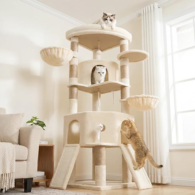 Cat Tree, 73-Inch Sturdy Corner Cat Tower with Wide Top Perch, Cat Furniture with 2 Spacious Condos, 2 Cozy Baskets, 2 Scratching Boards & Interactive Toy for Large Cat, Beige VCT021MJ