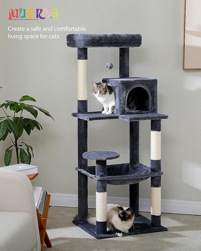 MUTTROS Cat Tree for Large Cats with Metal Plush Big Hammock, 56.3" Cat Tower for Indoor Cats with 2 Door Condo House, 6-Tier Cat Shelves with Scratching Posts and Large Top Perch, Dark Gray
