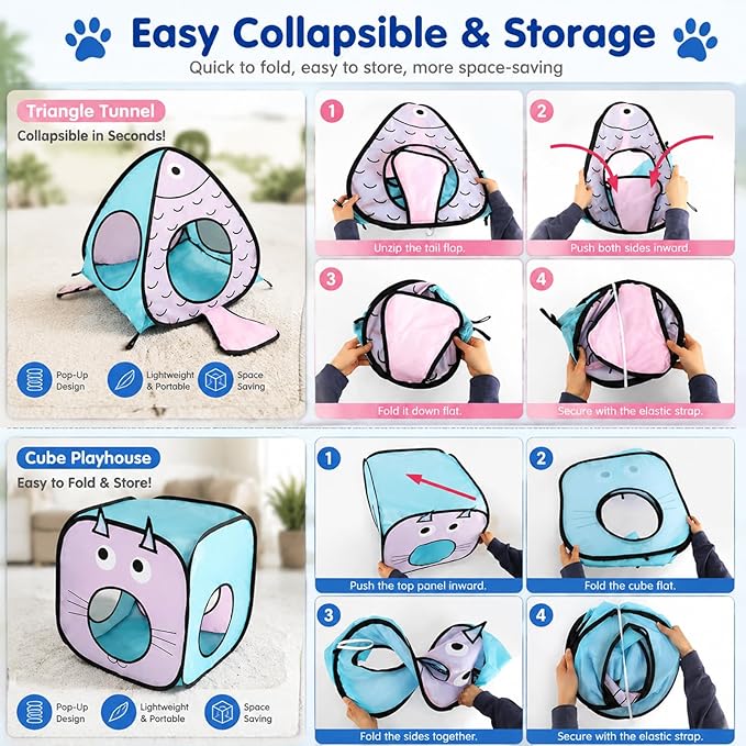 Rypet Cat Toy Tunnel and Cubes Bundle - Interactive Crinkle Collapsible Cat Tube and Foldable Cubes Playground for Kitty, Rabbit, Puppy, Ferret Hiding Hunting and Resting