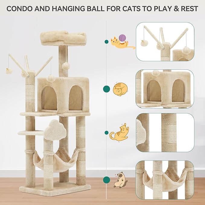 YITAHOME 44in Multi-Level Cat Tree for Indoor Kittens, Cat Furniture with Scratch Posts, Window Padded Plush Perch, Comfortable Hammock, and Interactive Pompoms, Beige