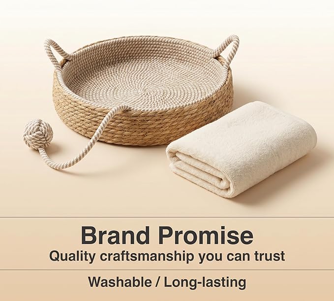 Handwoven Cat Basket Basket with Cotton Rope Liner Cat Ear Design Round Cat Scratcher Bed with Interactive Toy Ball Breathable All Season Scratch-Resistant Woven Cat Bed for Indoor Cats All Breeds