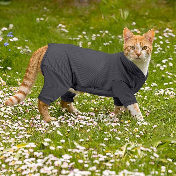 Sticky Hair Cat Clothes, Breathable & Lightweight, Reduces Shedding Fur Pajamas, Full Body Long Sleeve Surgical Bodysuit, Stop Licking & Shedding Darkgrey XL