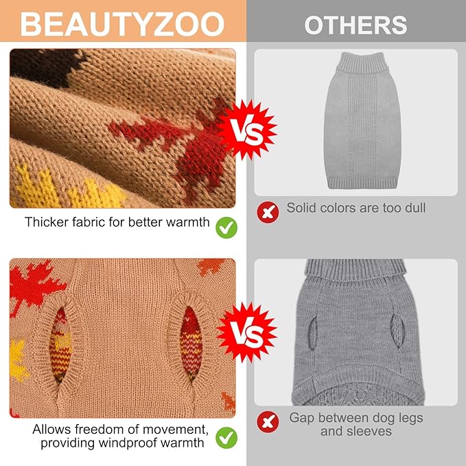 BEAUTYZOO Fall Sweater - Small Dog & Puppy Turtleneck Knitwear for Girls & Boys, Maple Leaf Cable Knit Pullover Outfit, Cat Apparel (Khaki, XXS)