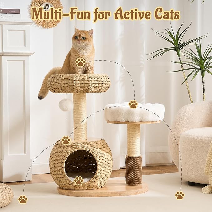 Modern Cat Tree Tower for Indoor Cats, 30" Solid Wood & Rattan Cat Tree Tower with Scratching Posts & Self-Groomer, Super Soft Plush Bed, Hand-Made Wicker Cat Bed Cave for Small to Medium Cats