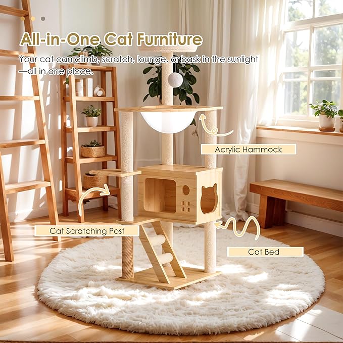 48.8" Cat Tree, Cat Tower with Sisal-Covered Scratching Post and Soft Cat Beds, Cat House Furniture with Acrylic Hammock, Kitty Playground for Small and Large Cats