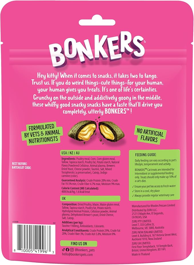Bonkers Bites Catnip & Chick 'N' Cheddar Flavor Crunchy & Soft Treats for Cats, 6.3oz Bag (Pack of 6)