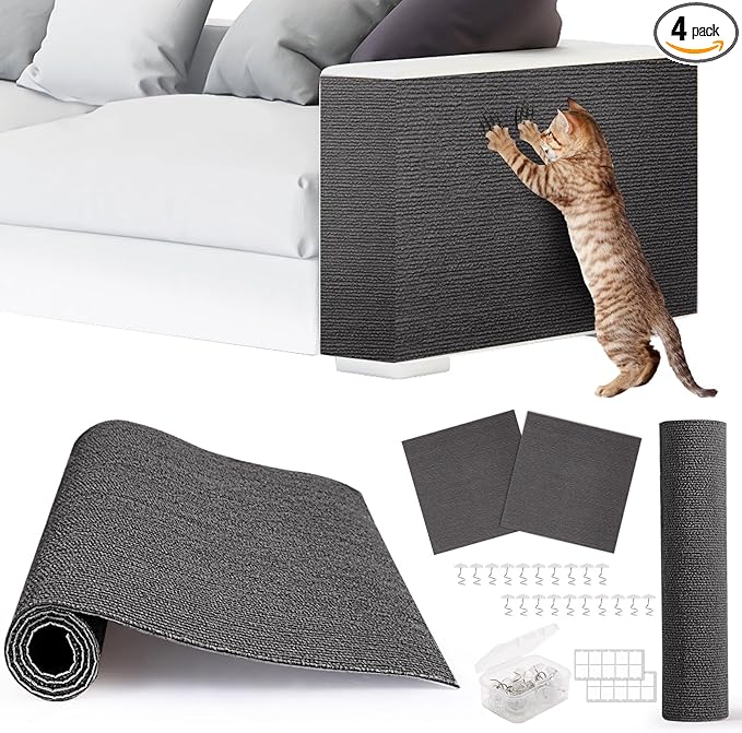 4pack Cat Scratch Couch Furniture and Wall Protector | Adhesive Cat Scratch Pad for Covering Cat Tower, DIY Climbing Cat Scratcher Couch Protector from Cat Claws Scratching (Dark Gray)