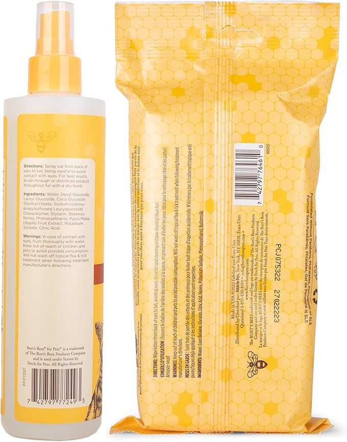 Burt's Bees for Pets Cats Grooming Bundle: Waterless Cat Shampoo with Apple & Honey, 10oz and Kitten Wipes with Buttermilk, 50ct, Naturally Derived Ingredients