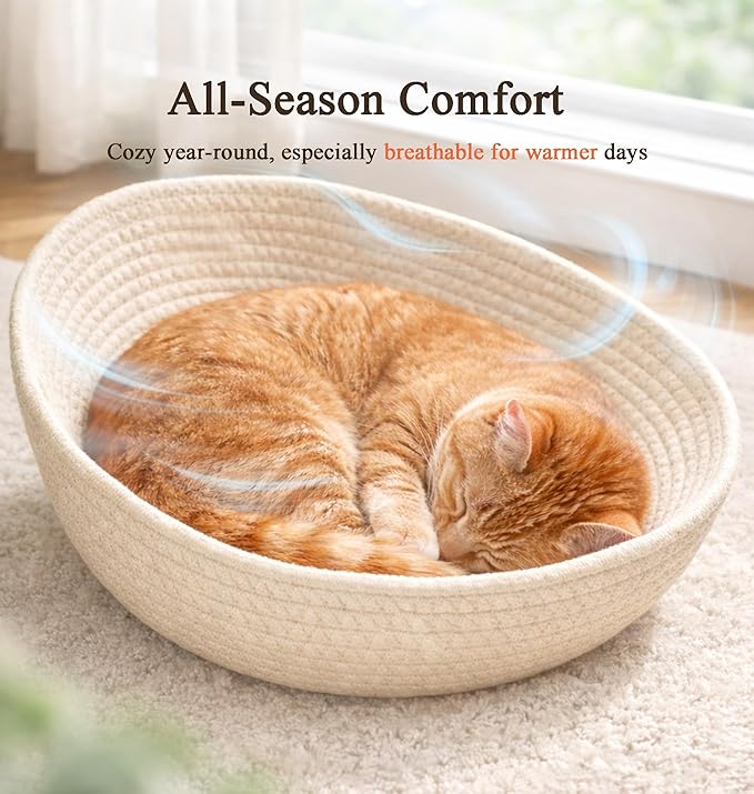 Cotton Rope Cat Bed Mat for Space Capsule, 11.8" Breathable Round Nest Liner, All-Season Warm & Cooling Pet Pad, Washable Scratch-Resistant Bedding for Cat Tree & Clear Bowl