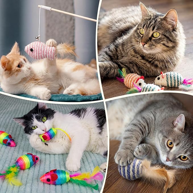 Leitee 20 Pcs Cat Interactive Toys Set Wooden Cats Teaser Wand Toy with Feather Handle Chew Rope Mouse Sisal Balls with Bells for Indoor Kitten Play Chase Exercise (Mice Toy)