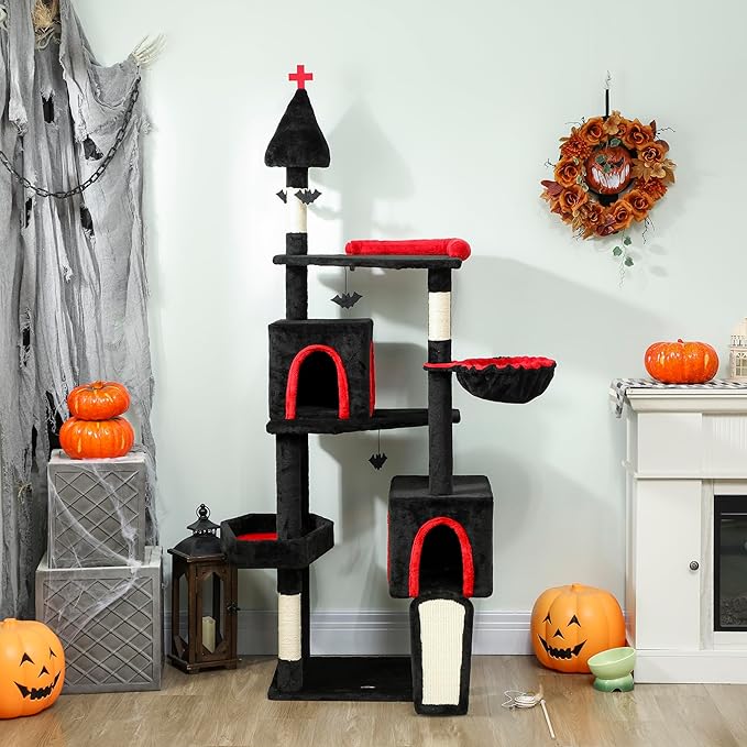 PawHut Gothic Cat Tree, 78" Extra Tall Cat Tower for Indoor Kittens with 2 Spacious Condos, Sisal Scratching Posts, 4 Bat Hanging Balls, Comfy Hammock, Ramp, Bed, Black and Red Halloween