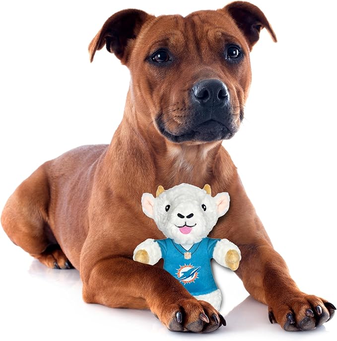 Pets First NFL Miami Dolphins Goat Plush Toy for Dogs and Cats with Squeaker, Wearing a Team Jersey! Fun & Sporty Goat Shaped Dog Chew Toy, Interactive Pet Toy
