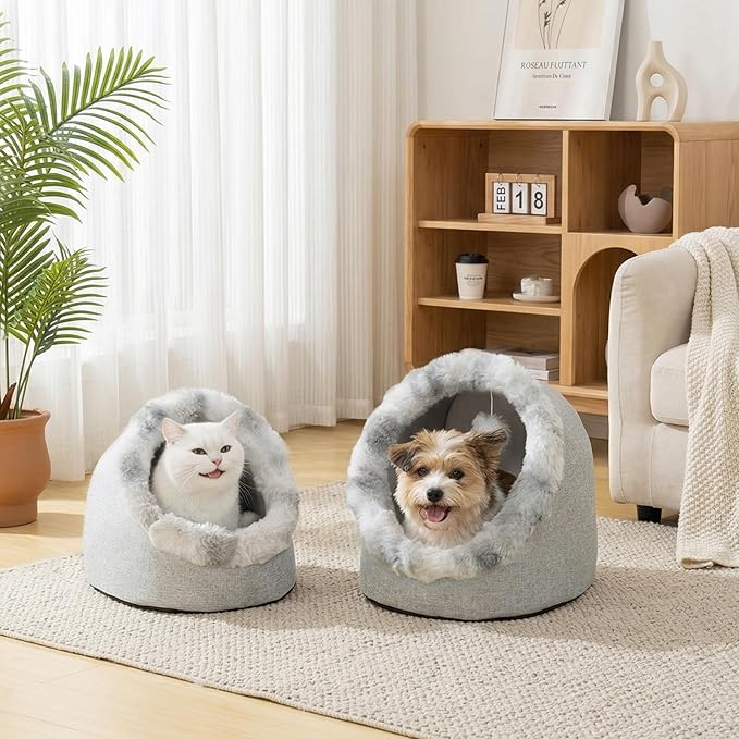 Avont Cat Bed Cave for Indoor Cats, Semi-Enclosed Cat House with Anti-Slip Bottom & Removable Washable Cushion, Warm Plush Cat Tent for Kittens & Puppy -M