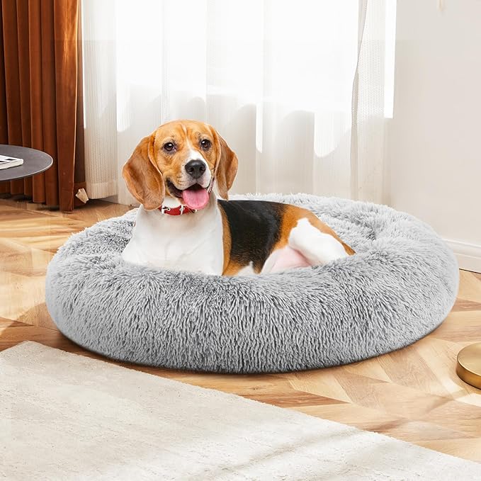 DUMOS 30.7x30.7 Inch Calming Donut Dog Beds for Large Dogs, Machine Washable Cuddler Warming Cozy Fluffy Faux Fur Plush Round Pet Bed, Anti-Slip Bed for Indoor Dogs and Cats, Grey