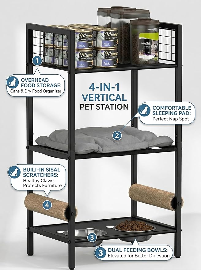 Cat Feeding Station Furniture with Scratching Post, 3-Tier Cat Food Organizer & Storage, Raised Feeding Stand with 2 Stainless Steel Bowls, Space-Saving Cat Shelf for Small Spaces, Black
