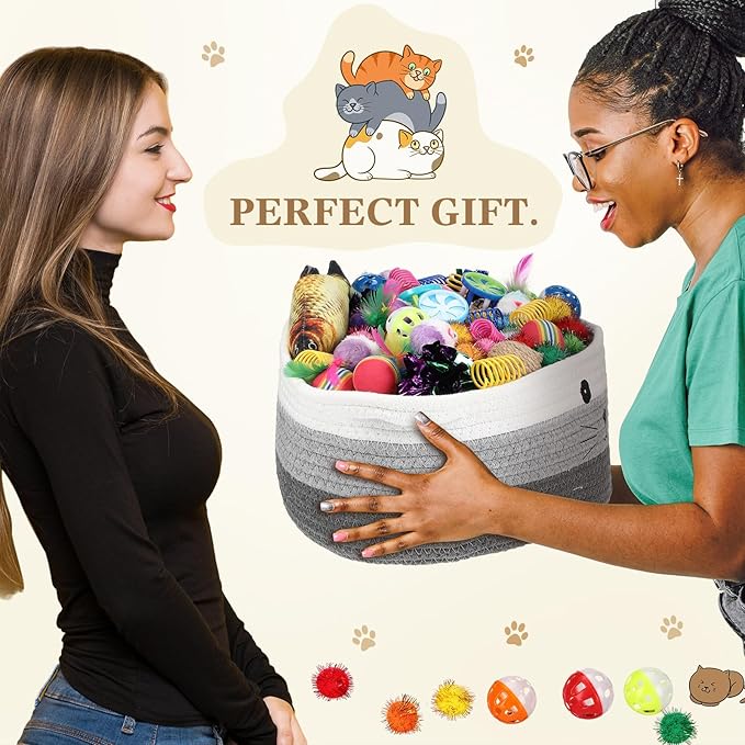 Zopeal 58 Pcs Summer Graduation Cat Storage Basket Gift Toys Set, Colorful Flashing Balls Pet Bell Crinkle Balls Spring Toys Attract Cat to Swat, Hunt, Interactive for Pet(Multicolor,12 Inch)