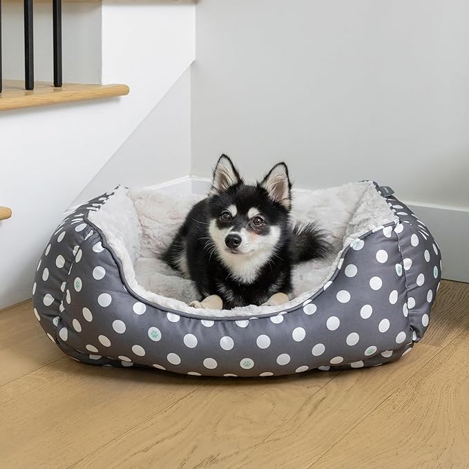 Fringe Studio Dot Paw Charcoal Medium Rectangular Cuddler Pet Bed 25" X 21"- Poly Filled with Faux Fur Interior - Machine Washable (213020)