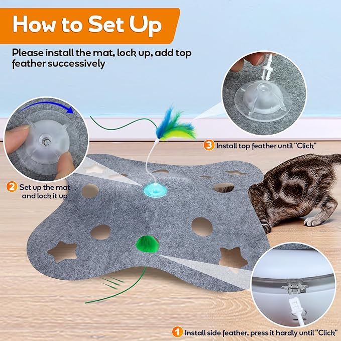 Cat Toys Interactive Cats Exercise Toys Spin Feather for Cats Like to Hunt, Touch Activate Mode Whack A Mole Felt Cover Toy
