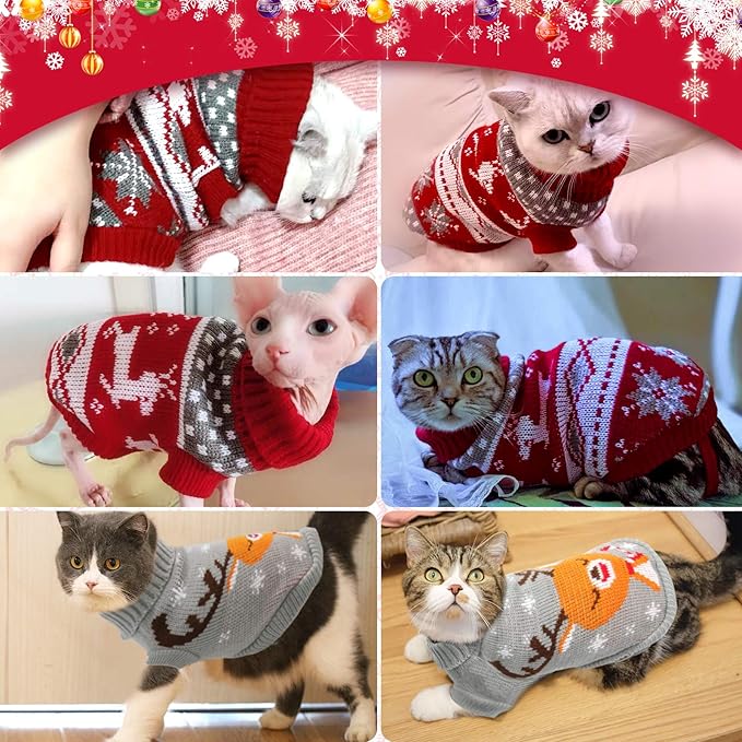 HYLYUN Cat Christmas Sweater 2 Packs - Puppy Christmas Sweater Pet Reindeer Snowflake Sweaters for Kittys and Small Dogs XL