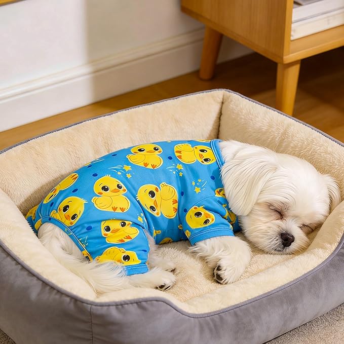 Dog Pajamas Summer Cute Print Puppy Jumpsuit Thin Dog Onesie Small Dog Clothes with Comfy & Elastic Frbic Puppy Pjs(Blue Duck, X-Large)