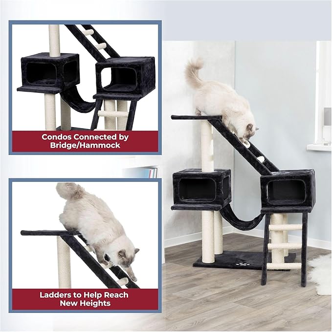 TRIXIE Malaga Cat Tower – Cat Tree with Extra-Thick Sisal Posts, Caves, Platforms & Hammock – Durable Cat Furniture for Indoor Cats – Gray, 18" x 28" x 43"