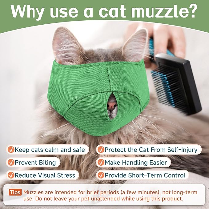 BARKLESS Cat Calming Muzzle for Grooming & Nail Trimming, Oxford Muzzle with Shading Design to Help Calm the Cat Down, Soft Head Cover to Prevent Biting & Scratching (Green, S)