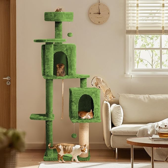 59in Large Cat Tree Tower for Indoor Cats with Soft Plush Hang Ball, Two Condos, Sisal Scratch Posts & Rope Play for Kittens/Adult Cats, Green