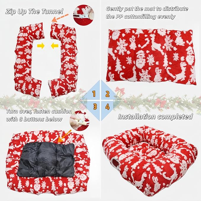 Extra Large Cat Tunnel Bed for Indoor Cats with Warm Mat,Cat Toys Cave Dount Tube for Xmas Decor Red