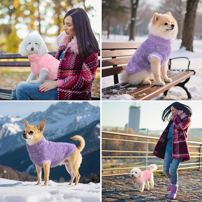 Idepet Fleece Dog Sweater Vest 2 Pack, Small Dog Clothes Sleeveless with Leash Ring and Pocket, Warm Puppy Sweatshirt Pet Cold Weather Pullover for Cats (Pink+Purple, Medium)