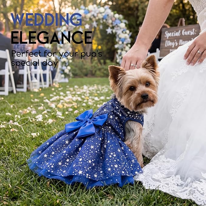ASENKU Dog Dress Pet Wedding Dress Princess Lace Puppy Birthday Party Outfit Formal Apparel Girl for Small Medium Dogs Cats (Medium, Navy Star)