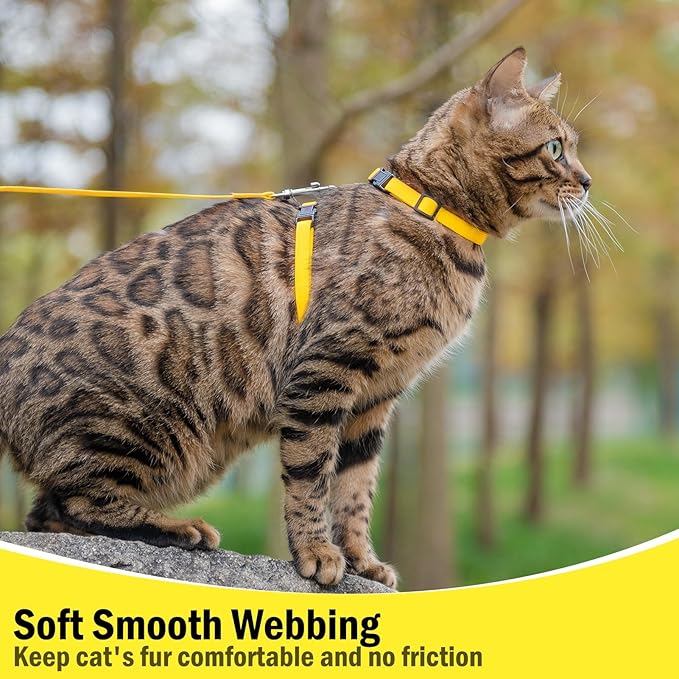 PUPTECK Adjustable Cat Harness and Leash Set Escape Proof Kitten Strap Collar for Walking Travel, Yellow, M