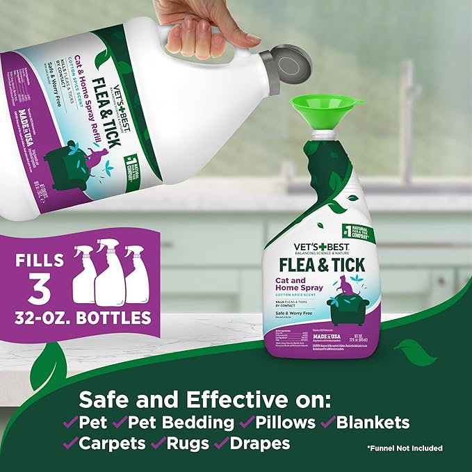 Vet's Best Natural Flea & Tick Home Spray for Cats – Cotton Spice Scented Indoor Pest Control Mist – Natural Flea Prevention with Certified Plant-Based Ingredients – 96 oz Refill – Made in USA
