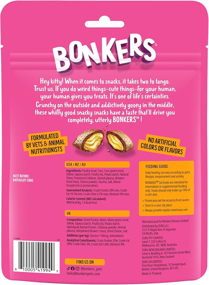 Bonkers Bites Paw Lickin' Chicken Flavor Crunchy & Soft Treats for Cats, 6.3oz Bag (Pack of 6)